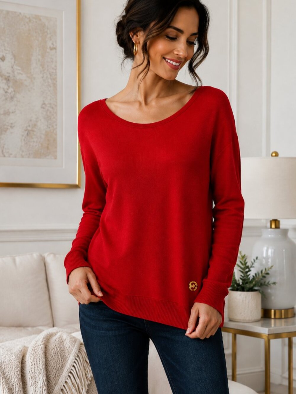 MICHAEL Michael Kors Women XL Red Boat Neck Long Sleeve Pullover Sweater Top